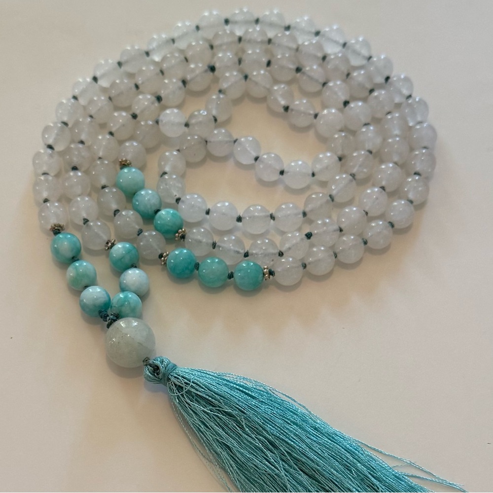 Handcrafted 925 Sterling Silver White Jade Mala Strand Necklace